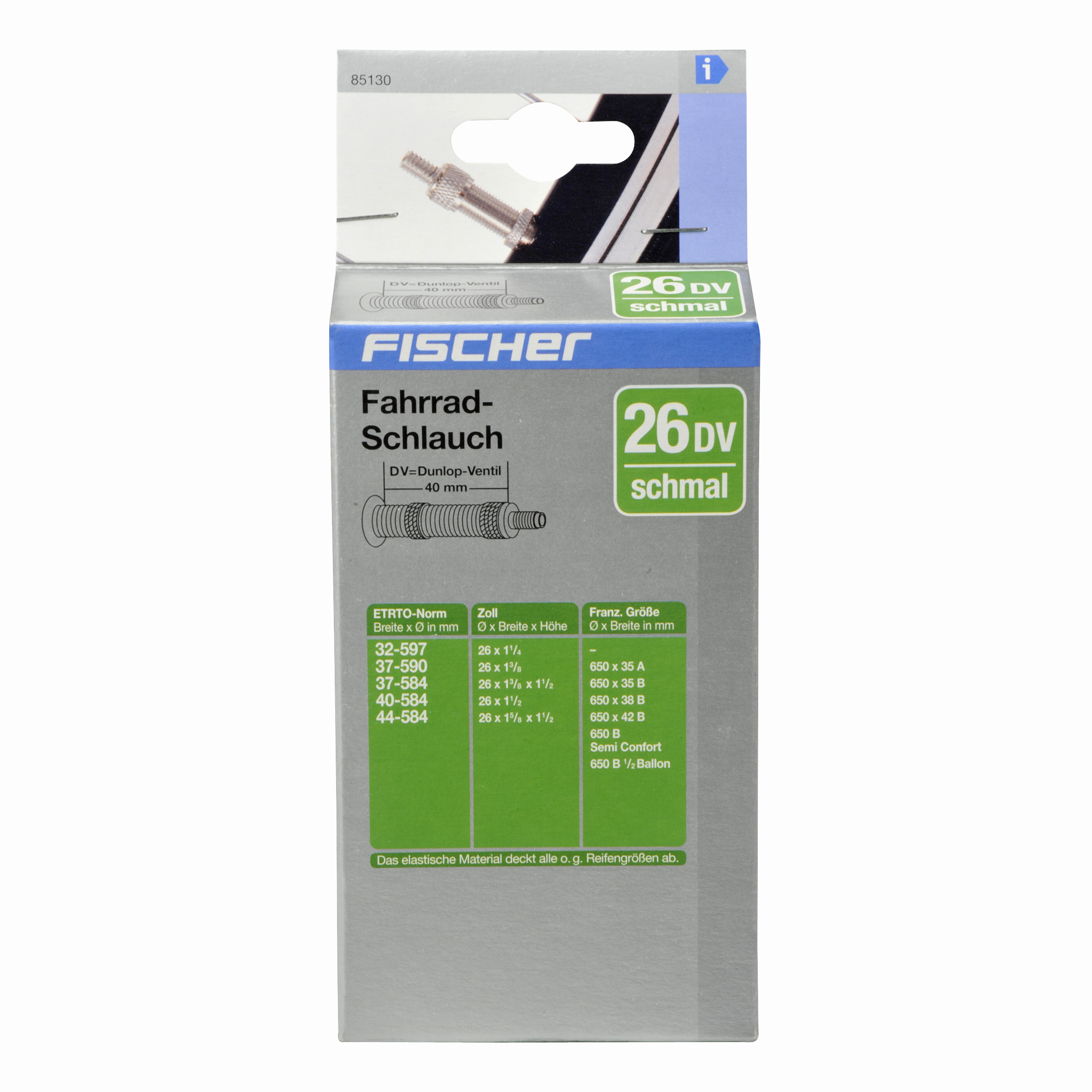 Verpackung für Fahrradschlauch mit Produktdetails und Spezifikationen.