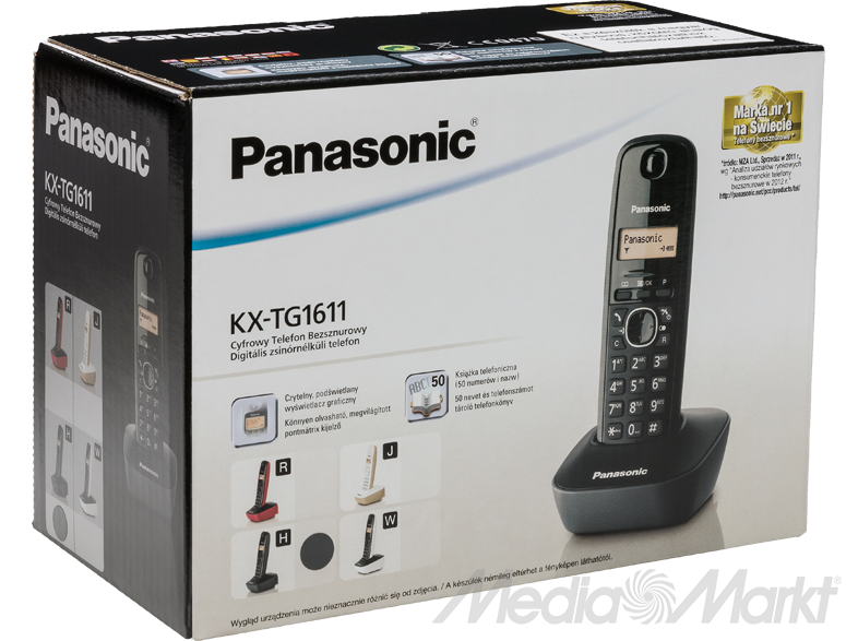 Egy fekete Panasonic telefon doboz egy telefonnal és tartozékaival. A doboz a telefon funkcióit mutatja.