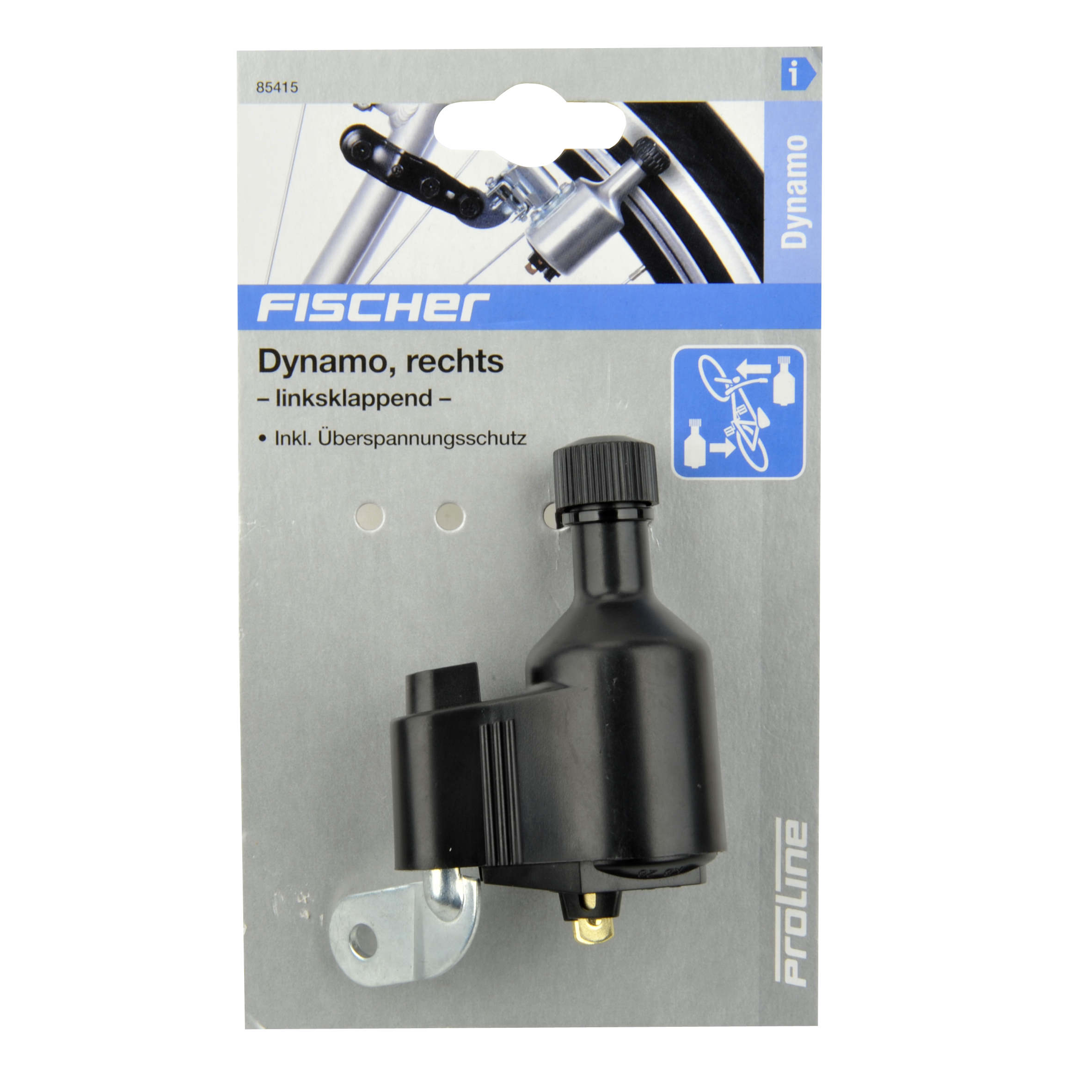 Schwarzer Dynamo für ein Fahrrad. Verpackt auf weiß-grauem Hintergrund.