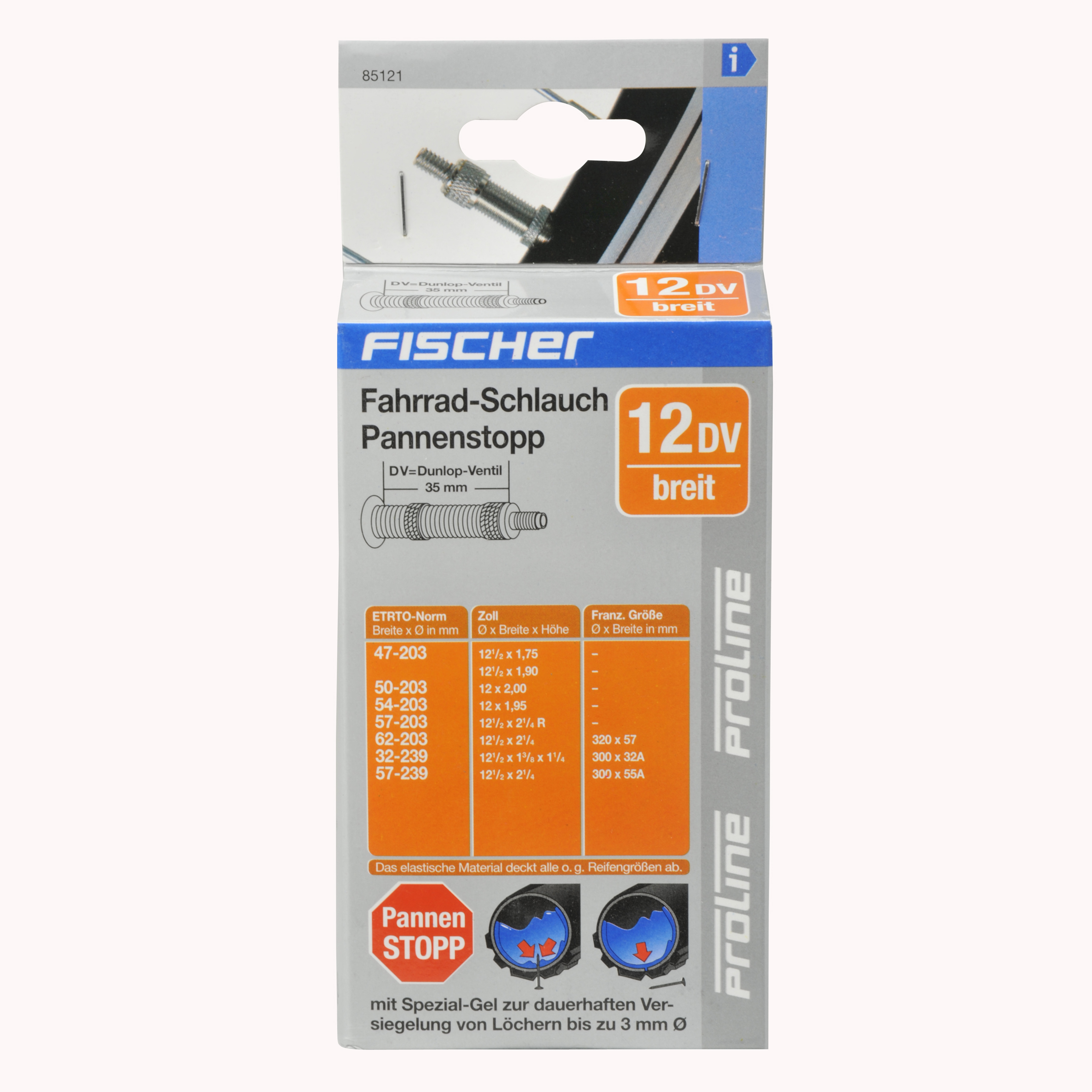 Fischer Fahrrad-Schlauch-Box, mit Produktdetails und einem Reifenventil.