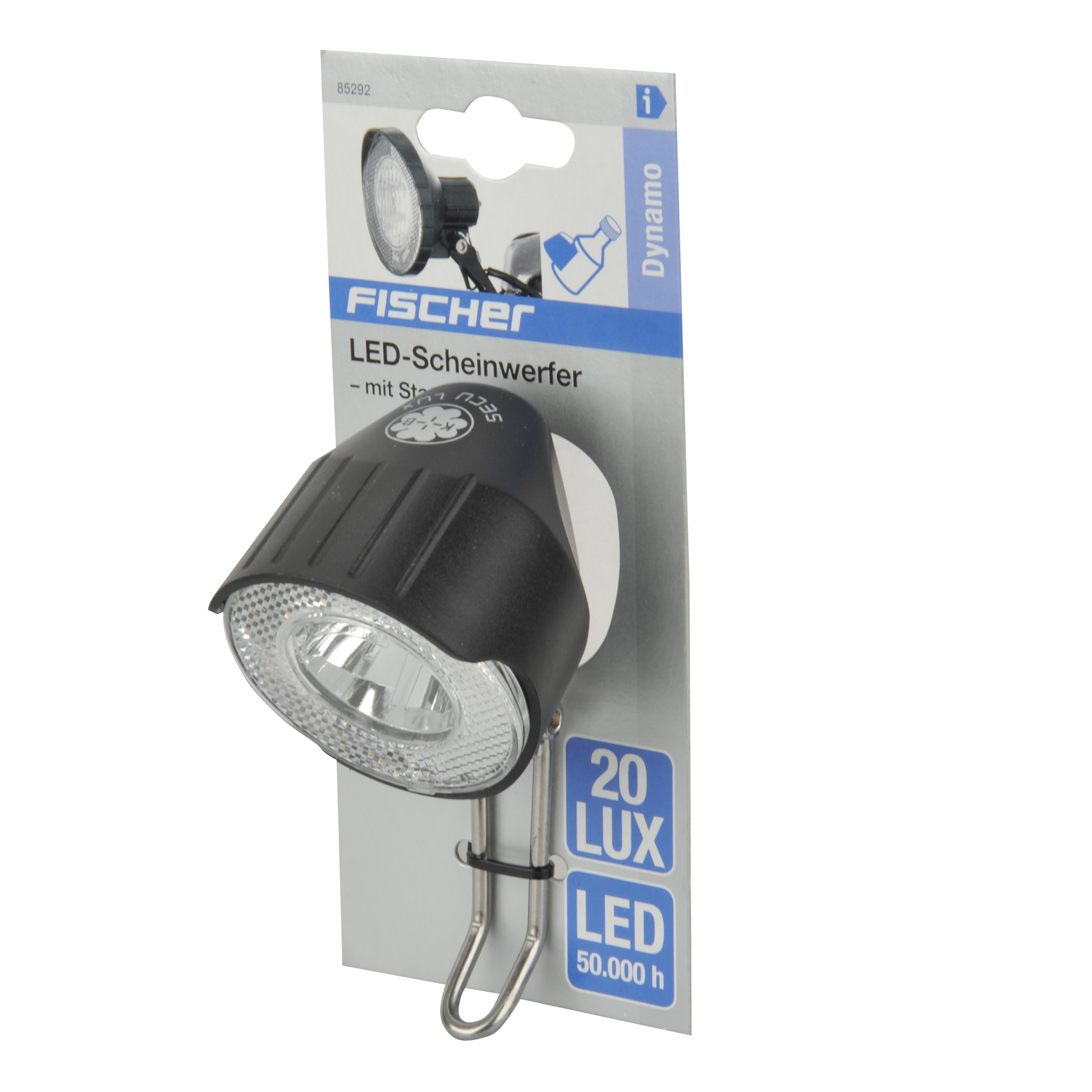 FISCHER LED-Scheinwerfer auf einer Verpackung. Er hat eine schwarze Front und einen silbernen Bügel.