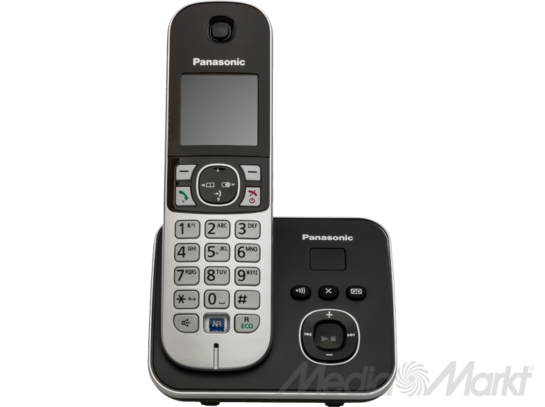 Fekete Panasonic vezeték nélküli telefon és bázis. A telefonon van képernyő és gombok.