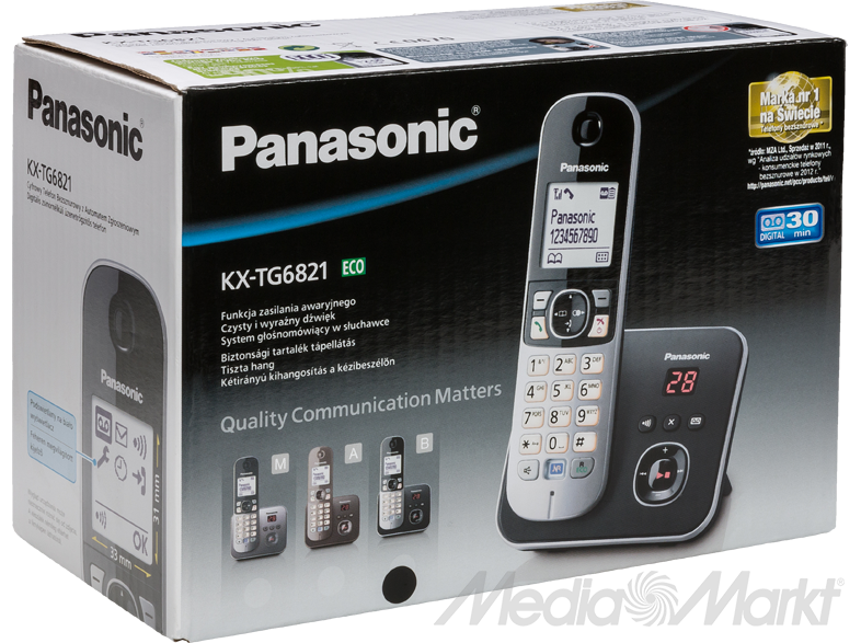Doboz egy Panasonic vezeték nélküli telefonkészlettel. A dobozon a telefon és az alaphálózat látható. A szöveg több nyelven van.