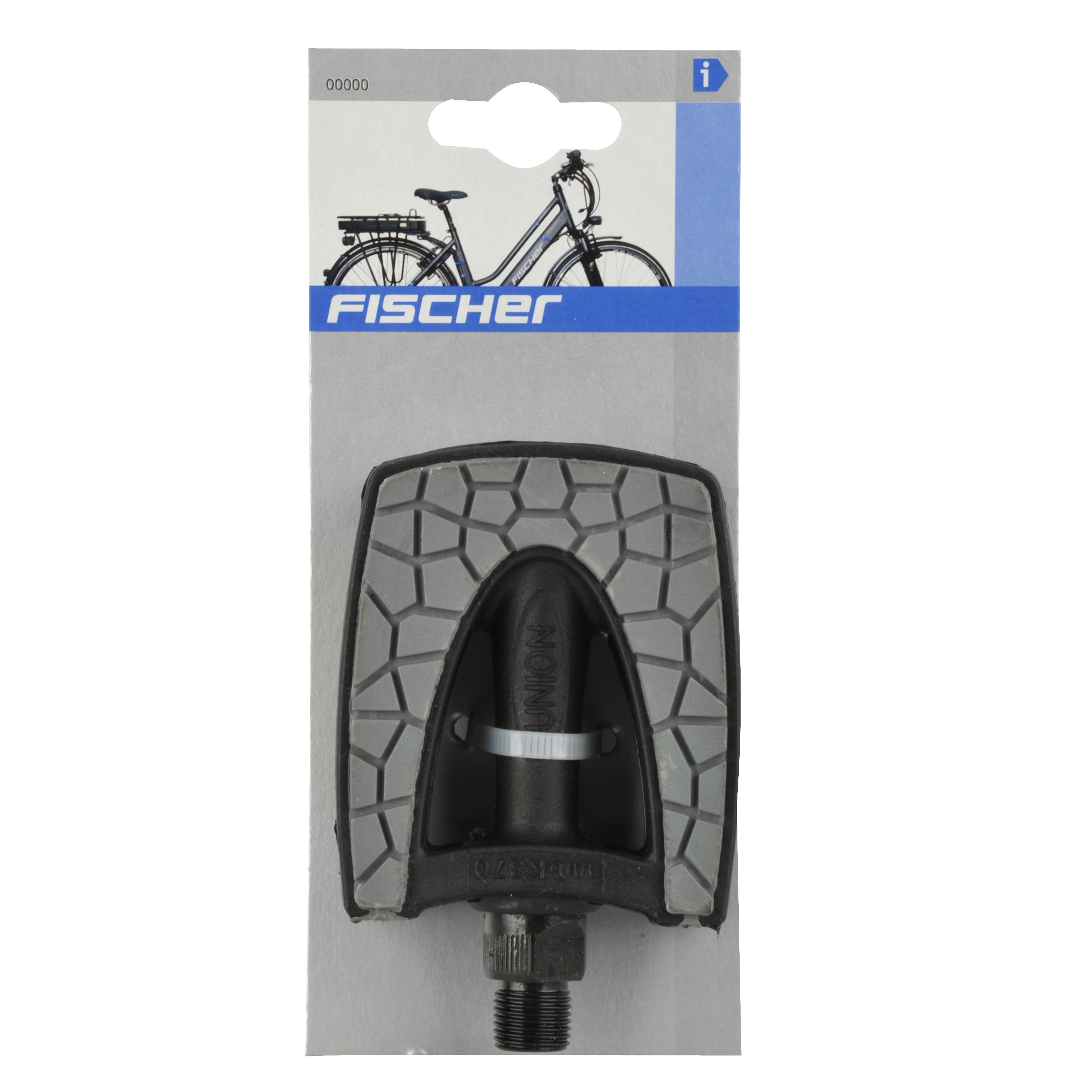 Ein Fahrradpedal in einer Verpackung. Das Pedal ist schwarz und grau mit einem FISCHER-Logo.
