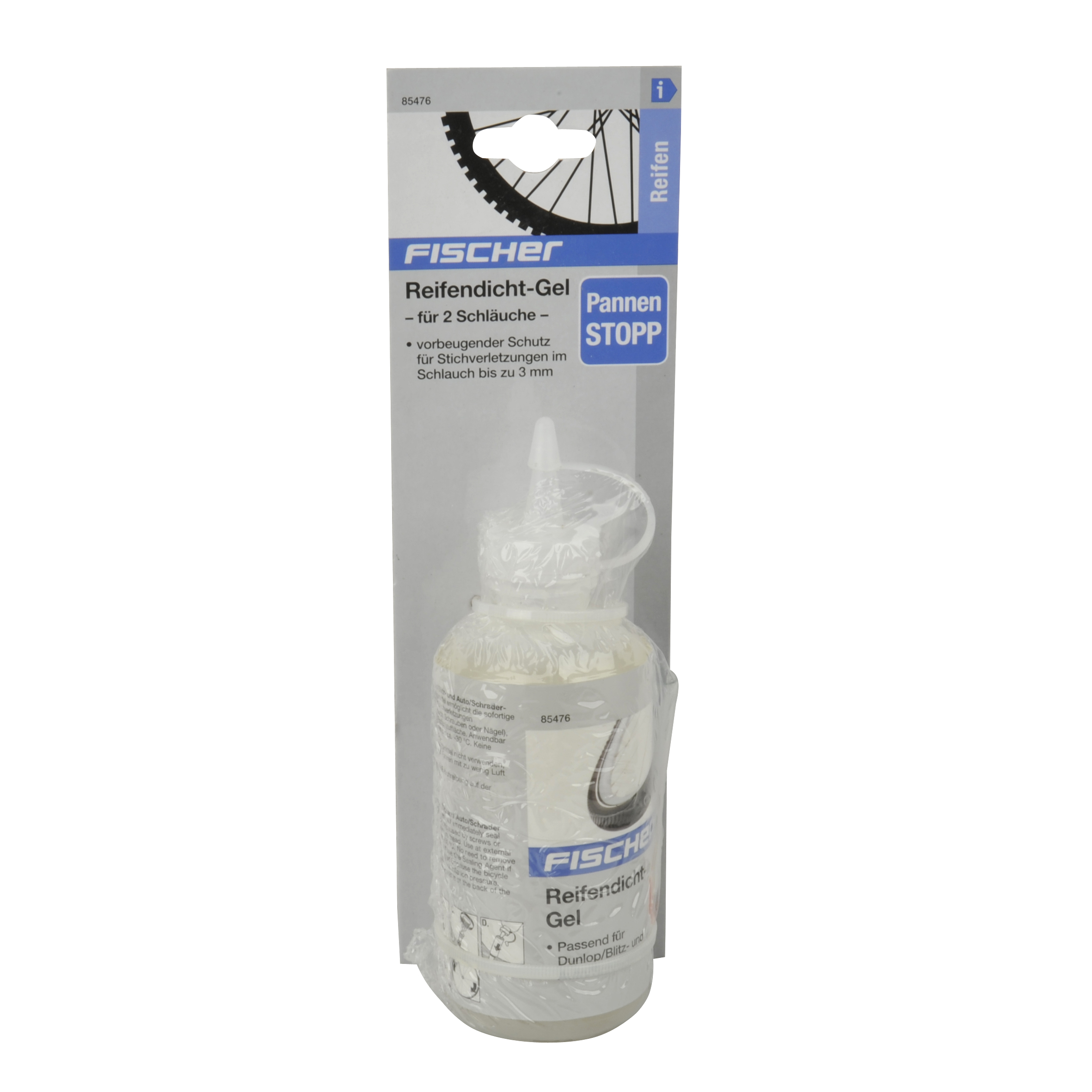 Flasche Reifendichtmittel-Gel, in klarer Kunststoffverpackung. Weißer Hintergrund. Produktetikett sichtbar.