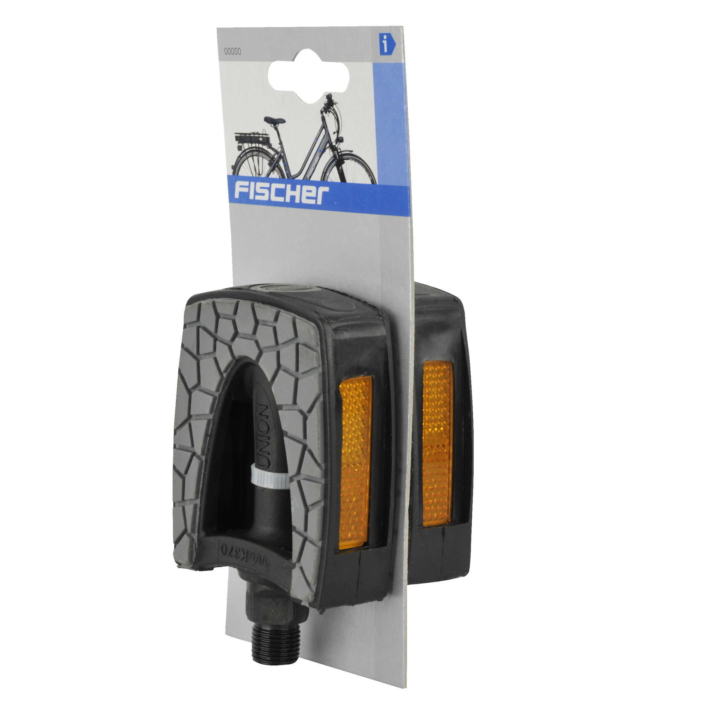 Paar schwarze Fahrradpedale mit orangenen Reflektoren, in Verpackung. Marke Fischer auf dem Etikett.