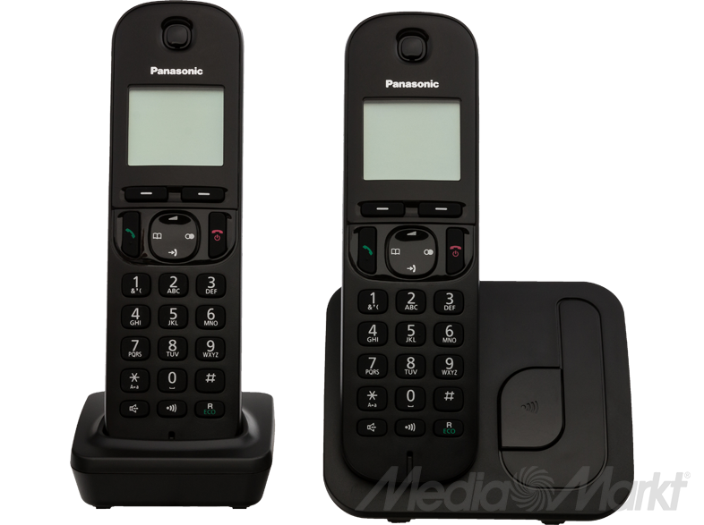 Két fekete vezeték nélküli telefon és egy bázis. Mindegyik telefonon van egy számbillentyűzet és egy kijelző. A bázis szintén fekete.