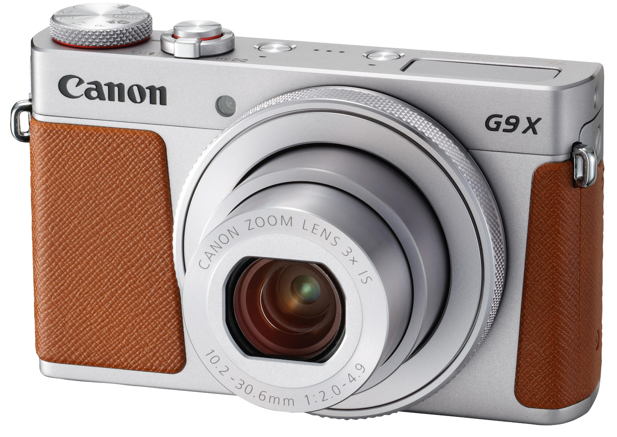 Canon G9X Kamera, silber und braun. Objektiv-Vorderansicht. Isoliert auf weißem Hintergrund.