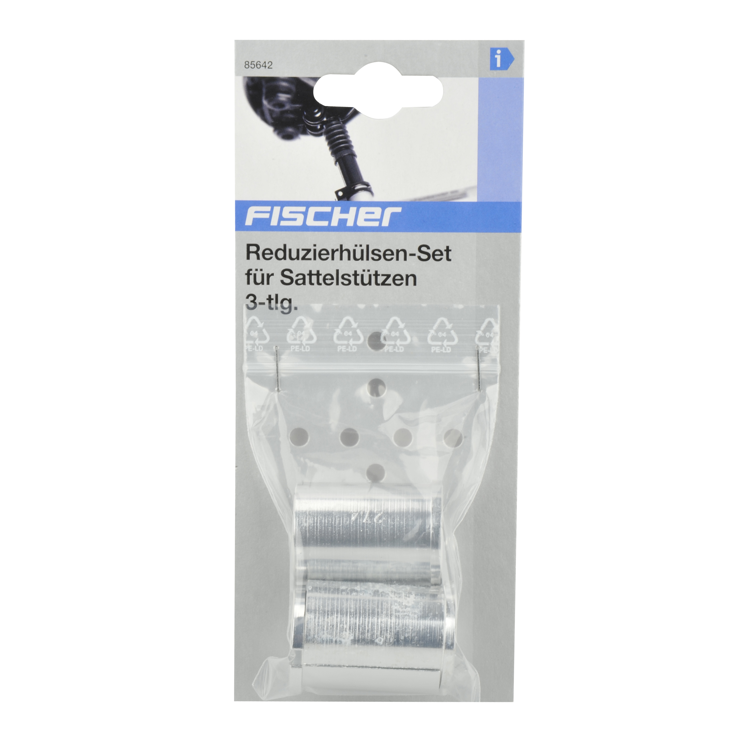 Fischer Reduzierhülsen-Set in einer transparenten Kunststoffverpackung. Silberne Metallzylinder sind sichtbar.