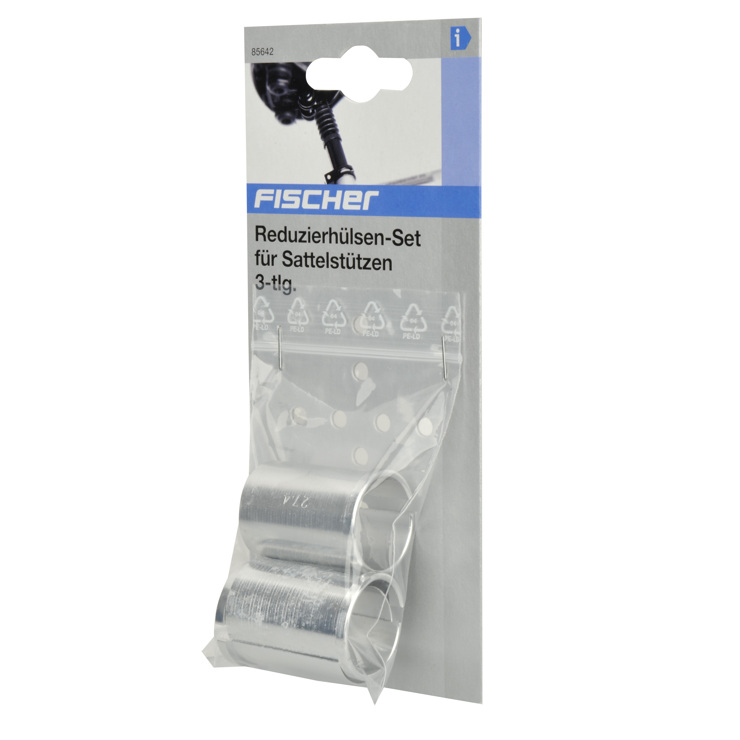 Eine Packung mit metallischen Fahrrad-Sattelstützen-Reduzierhülsen, auf weißem Hintergrund.