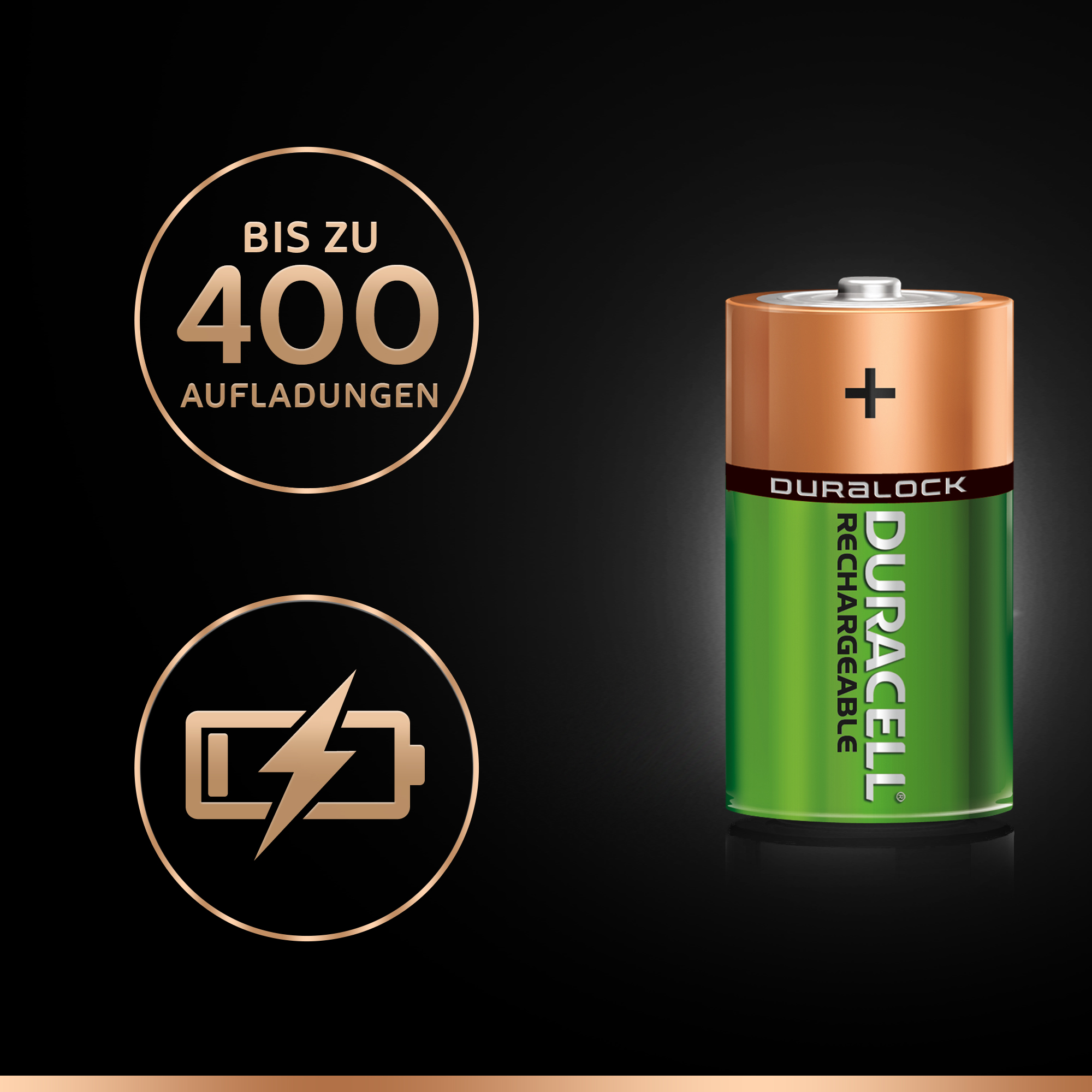 Duracell Akku-Batterie mit grünen und braunen Farben, mit Ladesymbol.