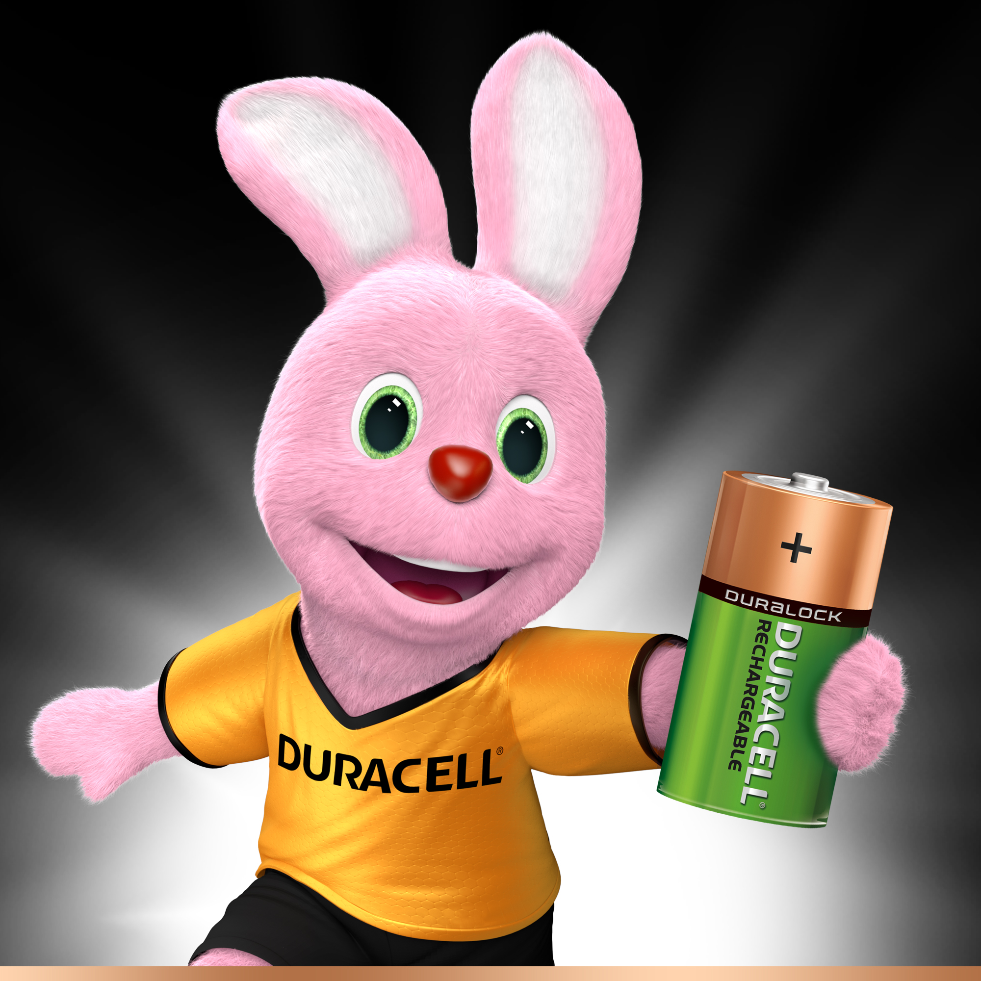 Rosa Duracell-Hase hält eine Duracell-Batterie. Der Hintergrund ist schwarz mit weißen Strahlen.