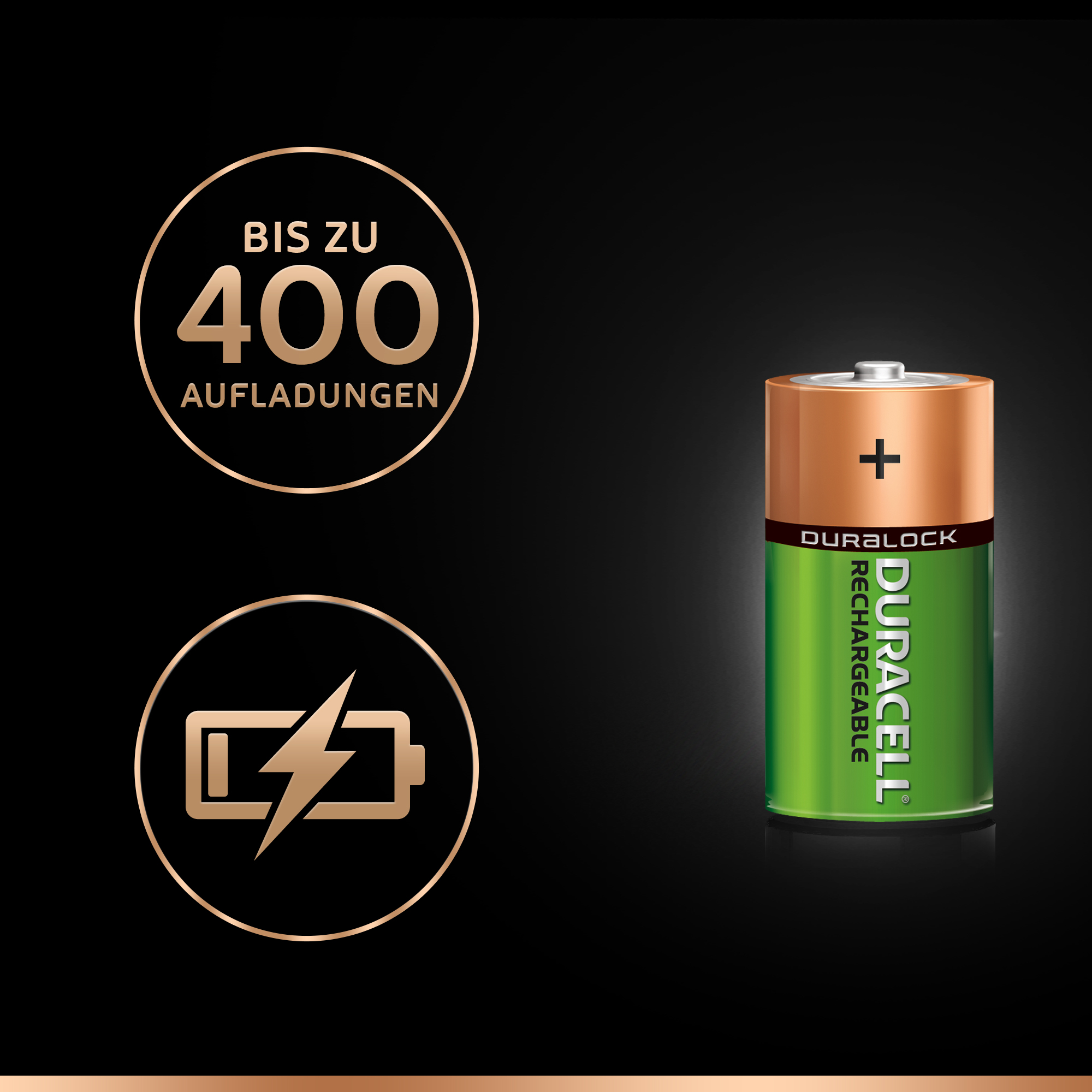 Eine wiederaufladbare Duracell-Batterie. Die Batterie ist grün und kupferfarben mit schwarzem Hintergrund.