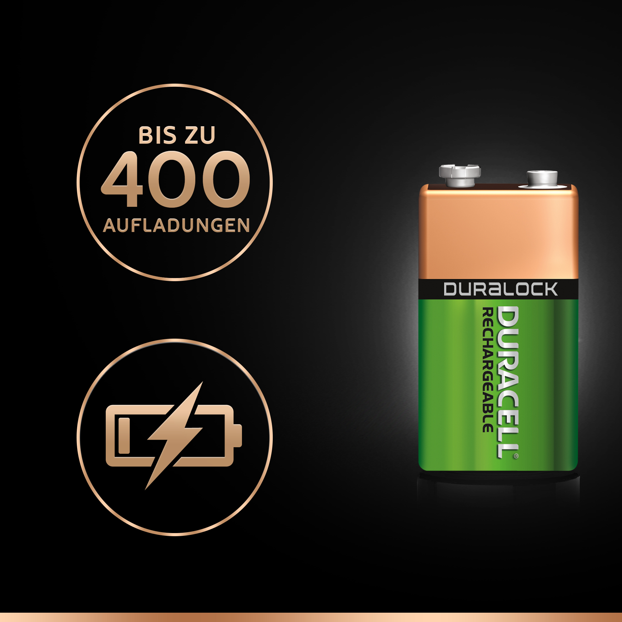 Eine 9V Duracell-Akku mit grünen und braunen Farben und einem Ladesymbol.