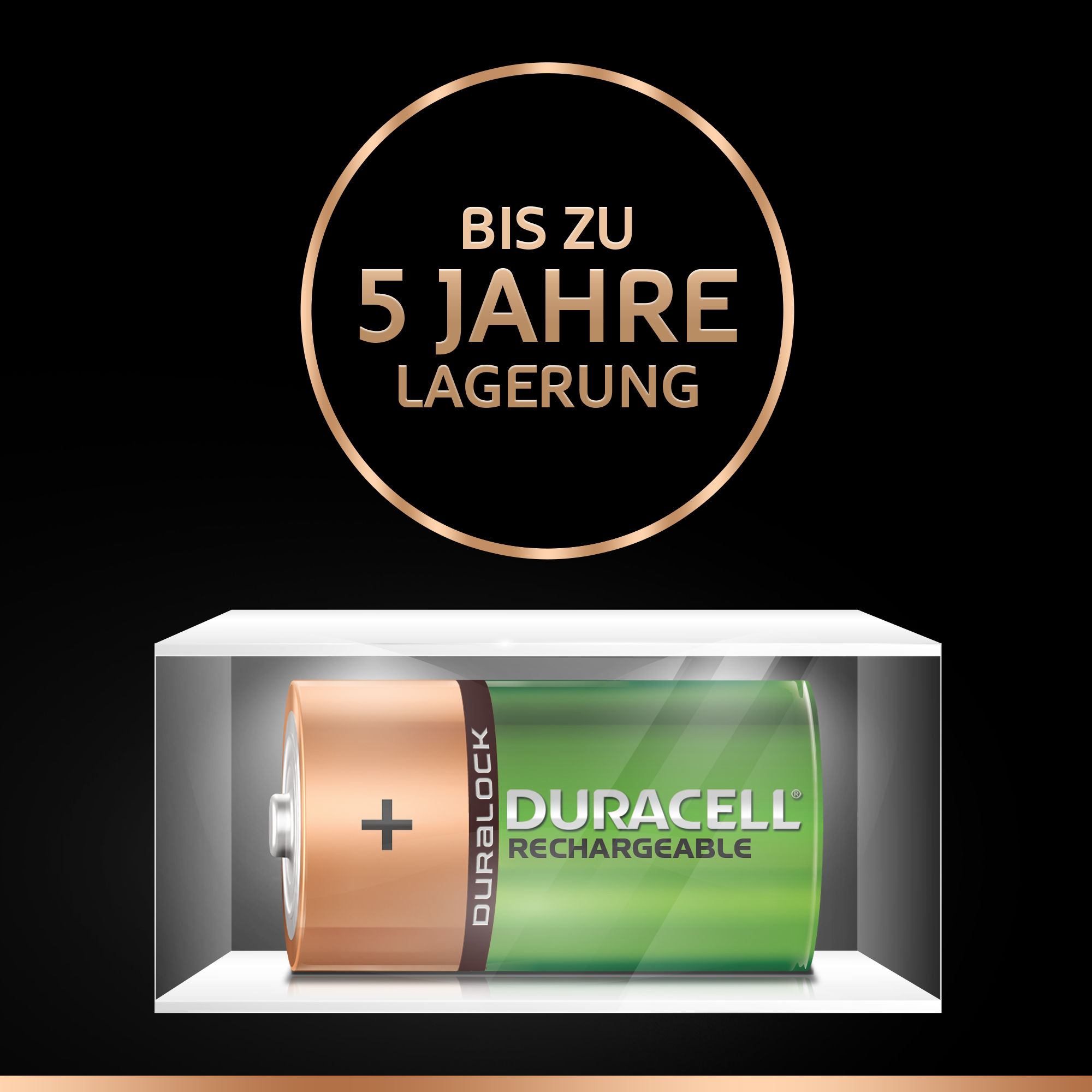 Batterie in weißer Box. Grün und Orange. Text: 'BIS ZU 5 JAHRE LAGERUNG'.
