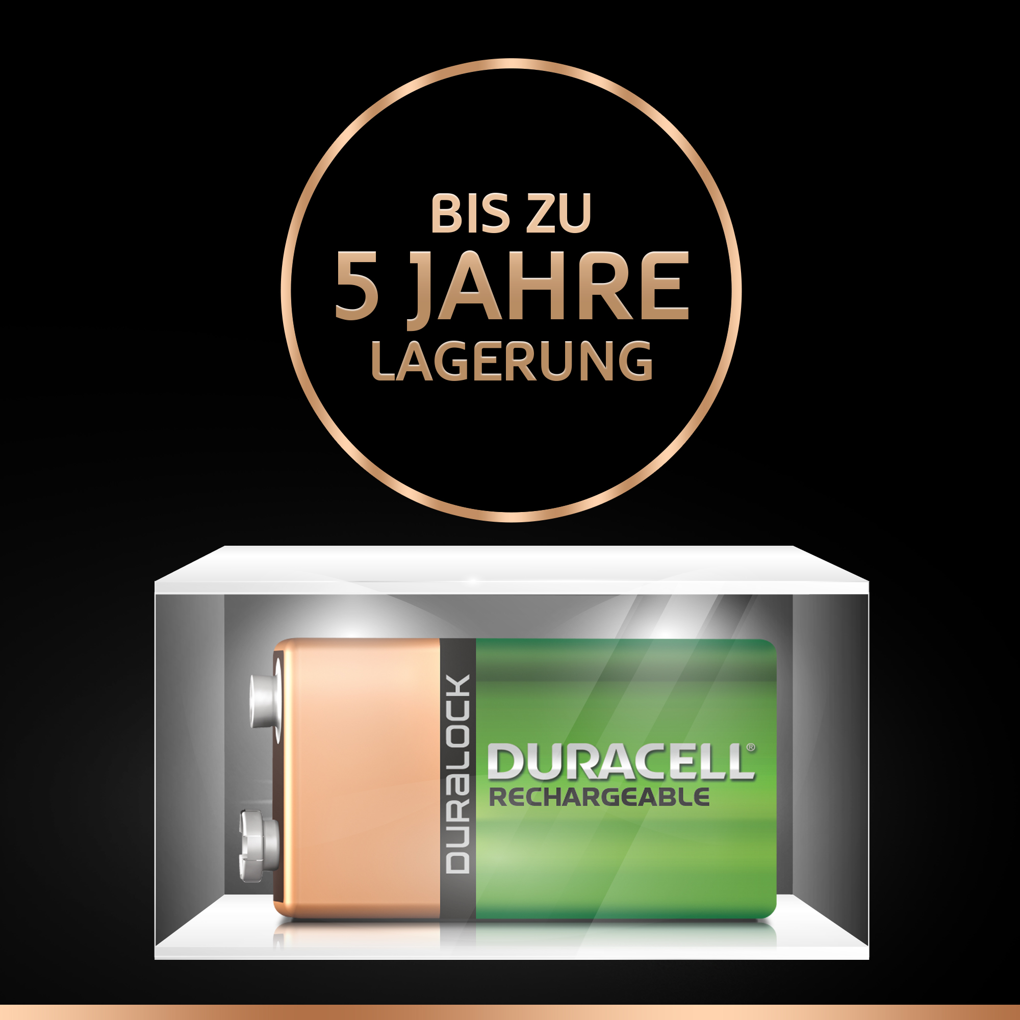 Eine wiederaufladbare Duracell 9V-Batterie in einer Anzeige mit goldenem Rahmen.