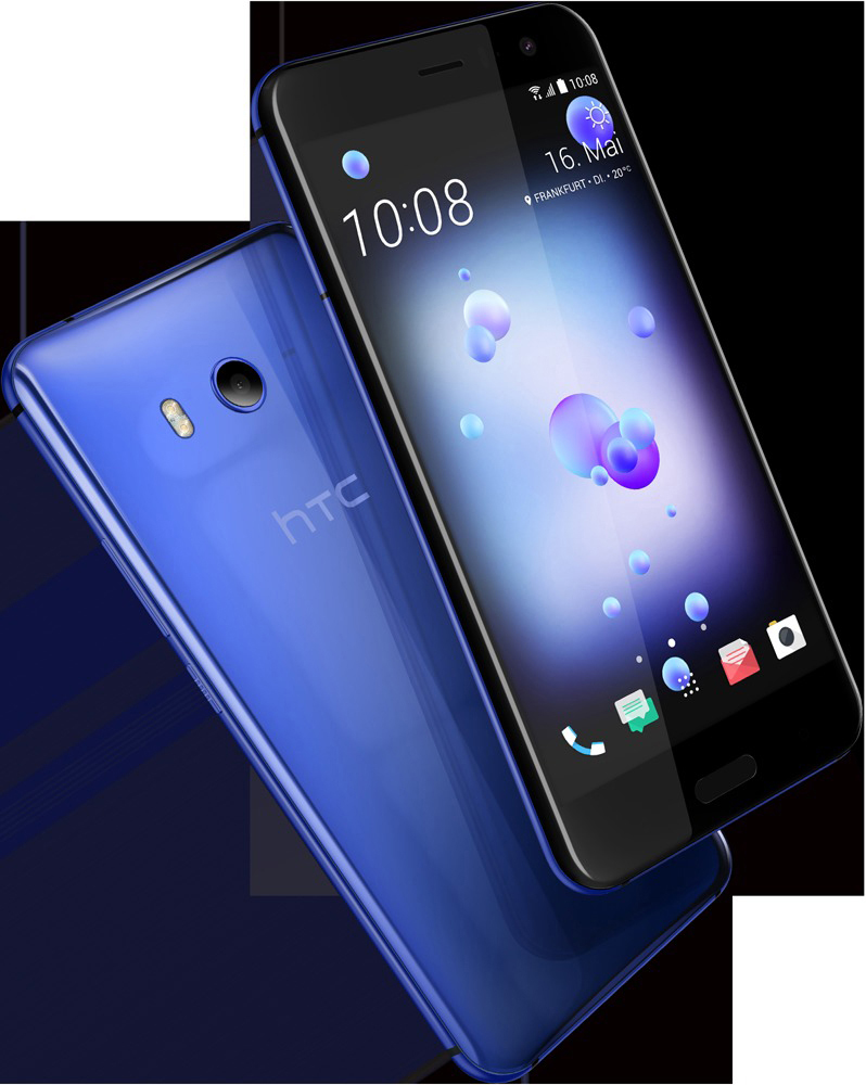 Zwei blaue Smartphones, eines abgewinkelt, um den Bildschirm mit einer Uhrzeit anzuzeigen.