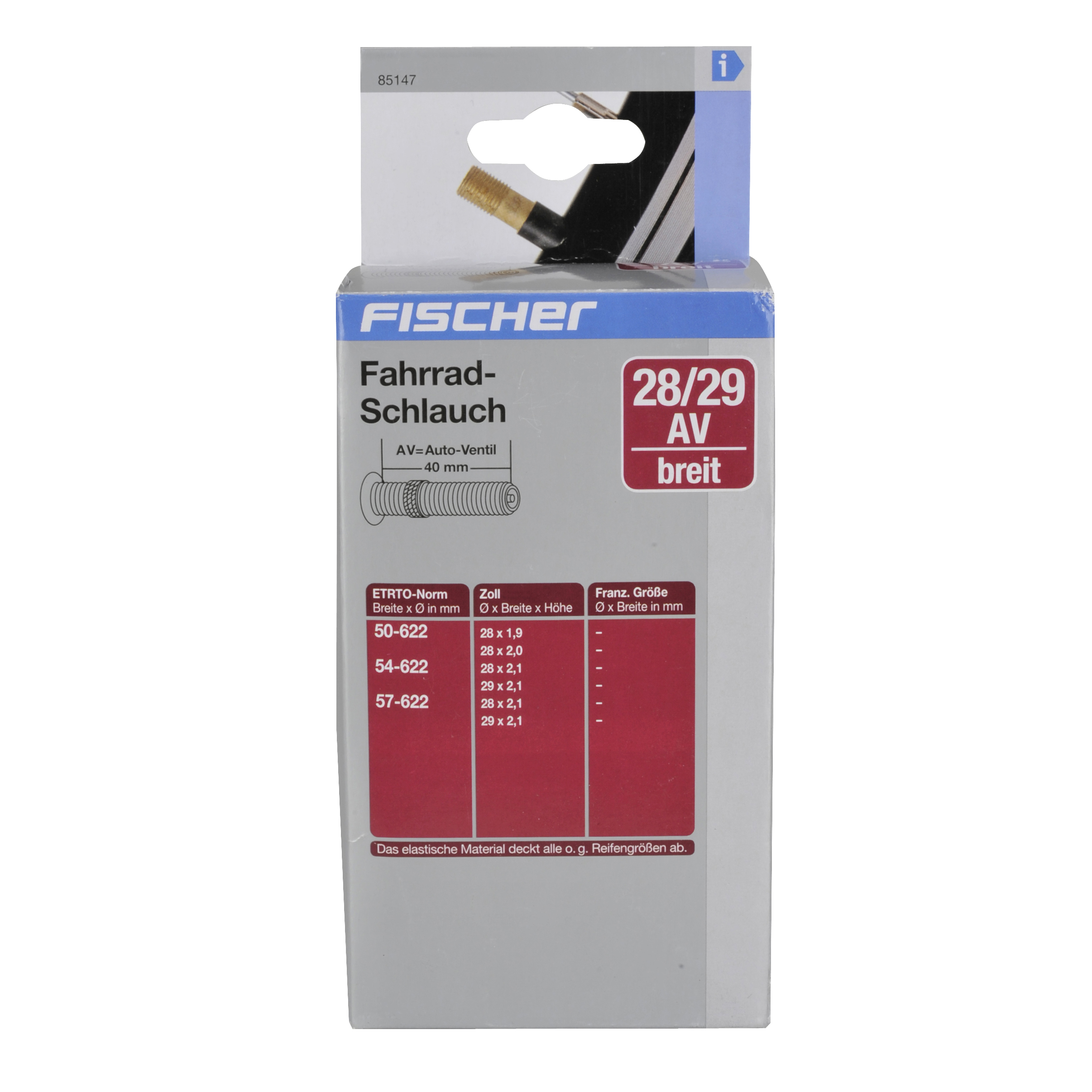 Fahrrad-Schlauch-Verpackung mit Text, Produktdetails, weißer Hintergrund.