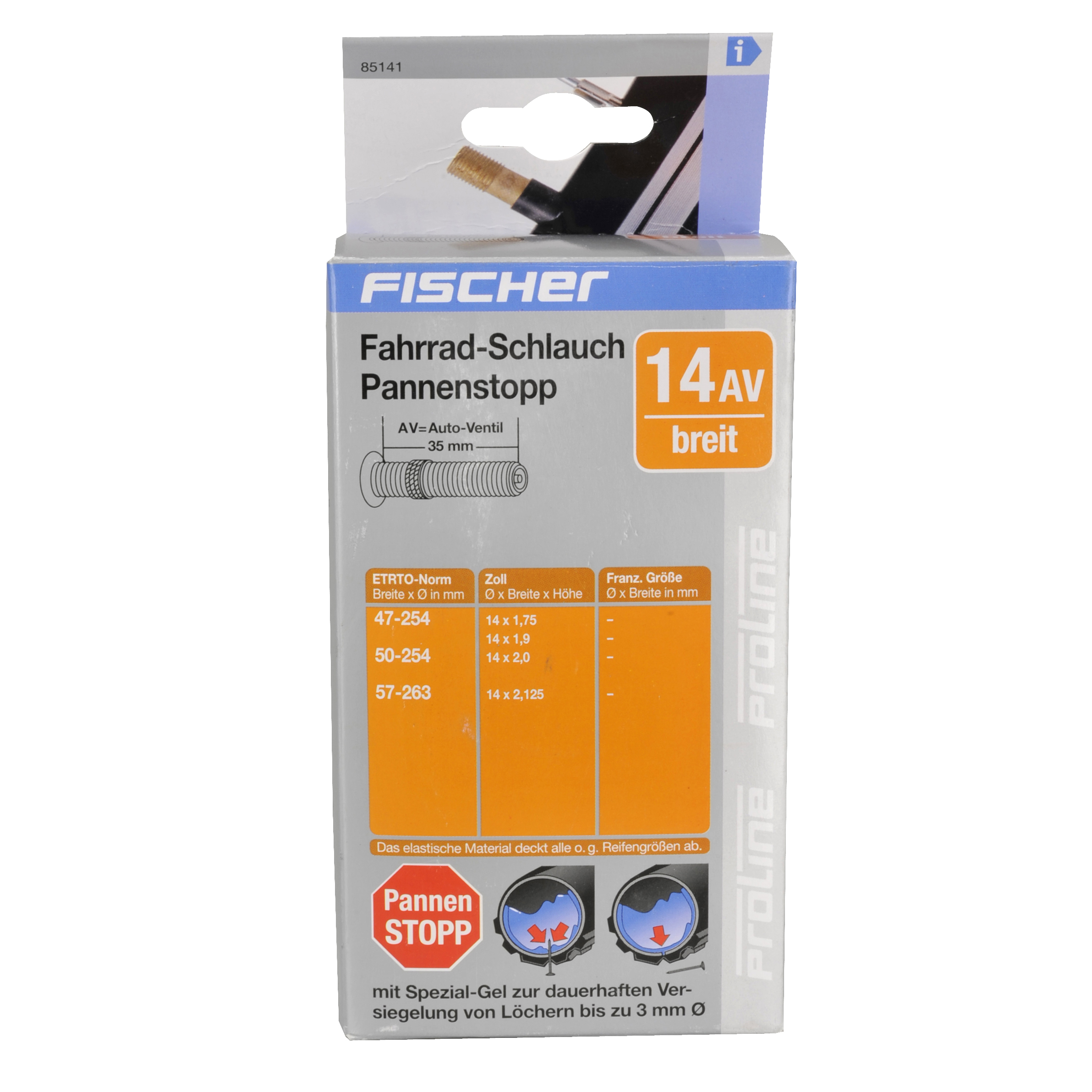 Eine Verpackung für einen Fahrradschlauch, mit Text: FISCHER Fahrrad-Schlauch Pannensstopp 14AV breit, und Größenangaben.