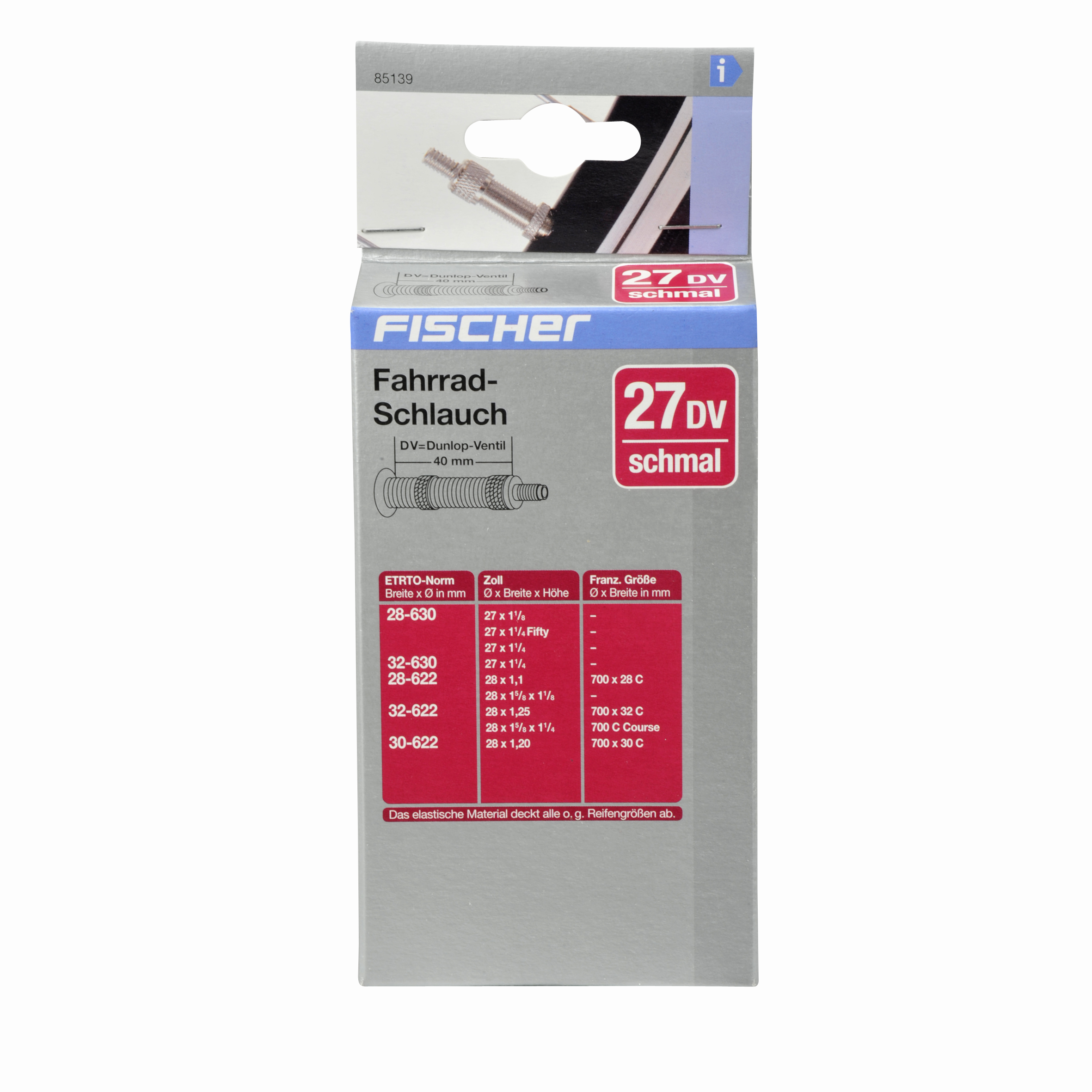 Fischer Fahrradschlauch-Verpackung mit Produktdetails.