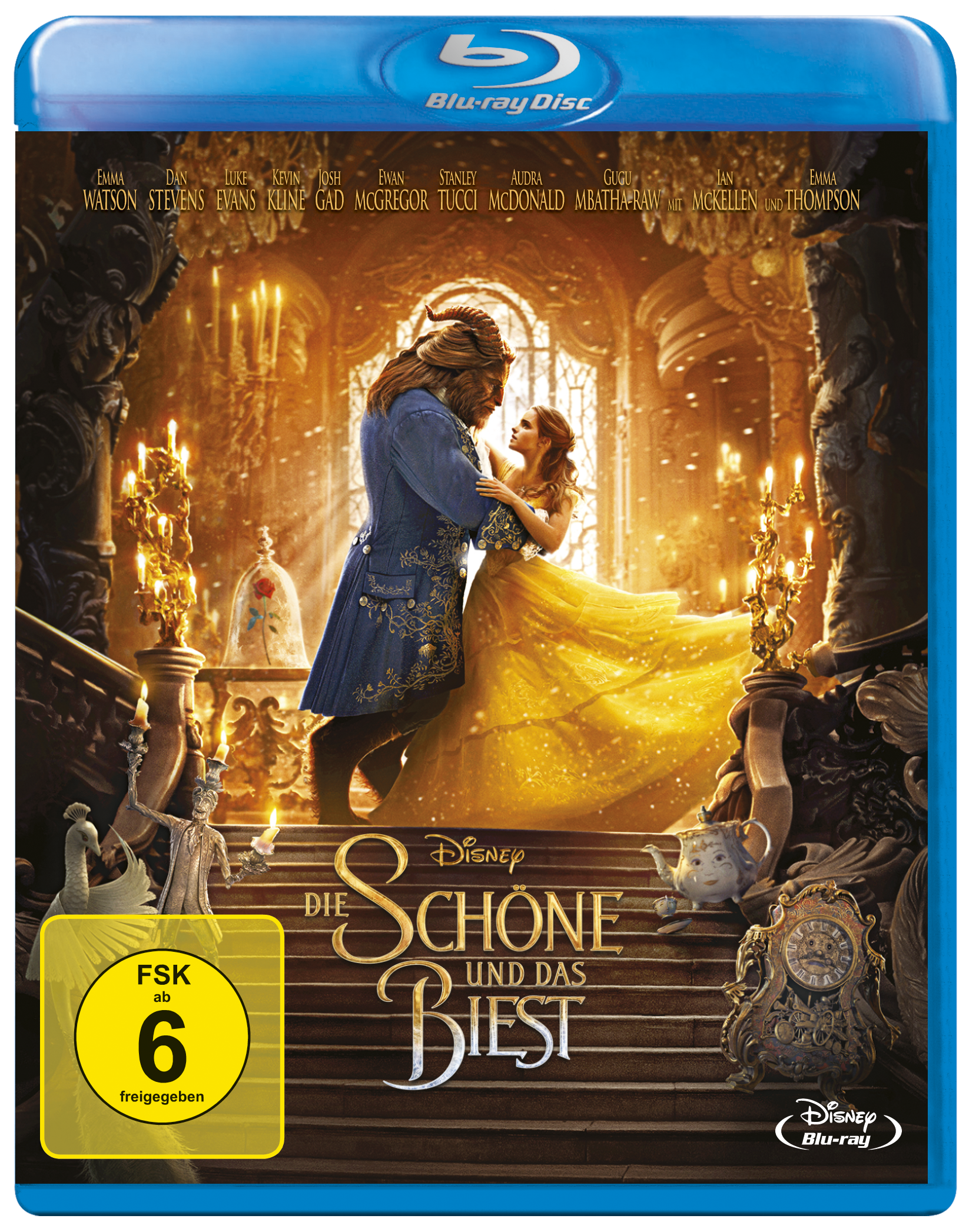 Blu-ray Disc Cover von Die Schöne und das Biest mit einer Szene von Belle und dem Biest.