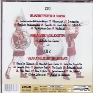 CD-Rückseite. Blaskapelle marschiert, Text mit Songtiteln und Banddetails.