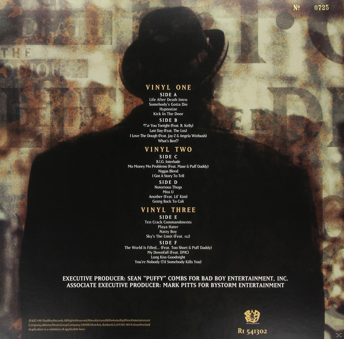 Album-Rückseite mit Hut-Silhouette und einer Titelliste des Albums 'Ready to Die'.