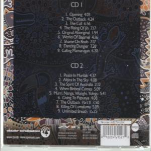 Album-Rückseite: Titelliste, Hintergrund im Aboriginal-Art-Design und Barcode.