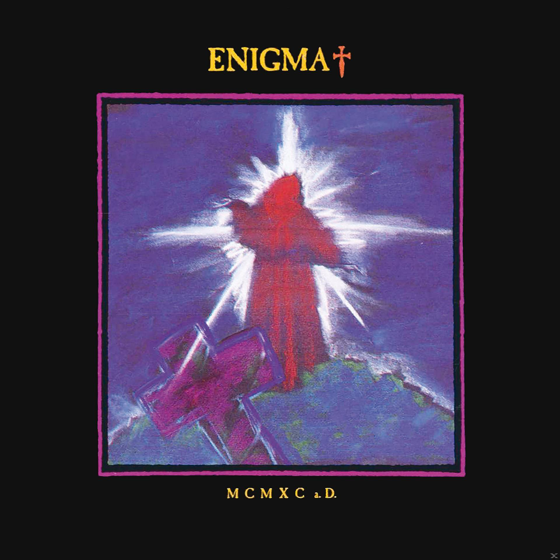 Enigma Albumcover. Eine rote Figur mit einem Kreuz, umgeben von einem Heiligenschein, auf lila Hintergrund.