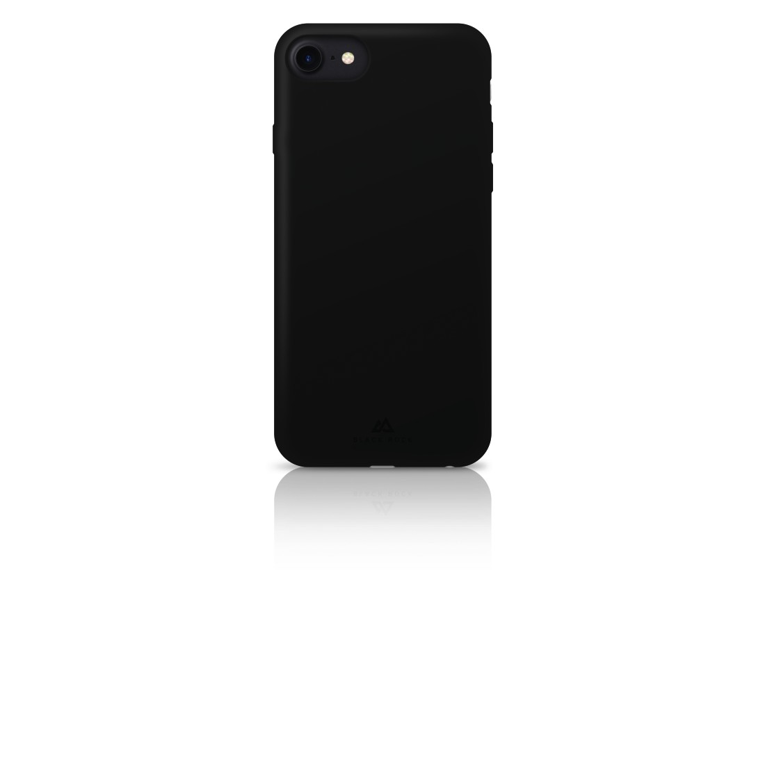 Schwarze Handyhülle mit elegantem Design. Das Black Rock-Logo befindet sich unten in der Mitte. Weißer Hintergrund und Reflexion.