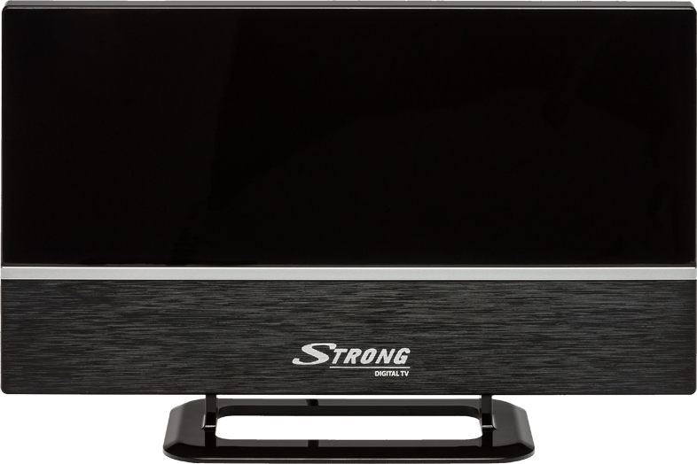 Fekete Strong digitális TV. Fekete képernyő, ezüst szegély és fekete talp.