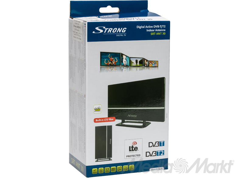 Erős digitális TV antenna doboz. A dobozon TV-k és az antenna képei láthatók.