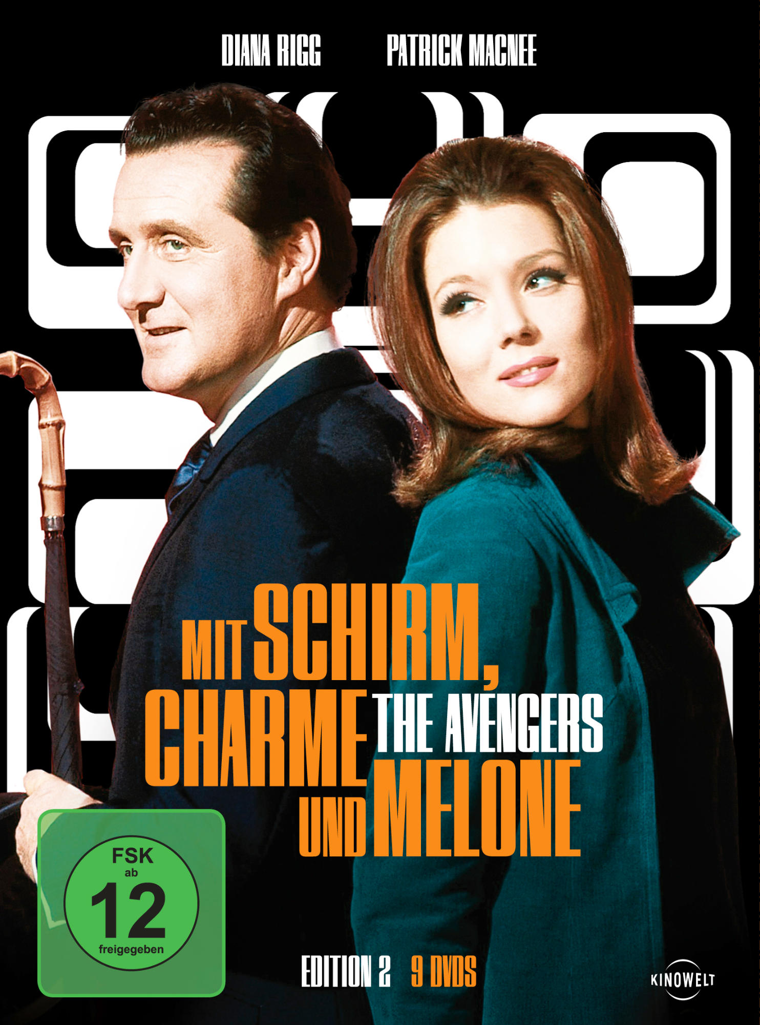 DVD-Cover mit Diana Rigg und Patrick Macnee. Filmtitel auf Deutsch: Mit Schirm, Charme und Melone.