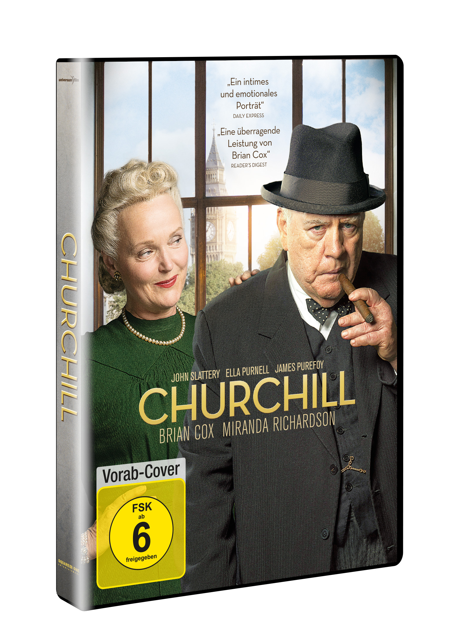 Churchill DVD-Hülle. Zwei Personen auf dem Cover, mit Titel und Bewertung.