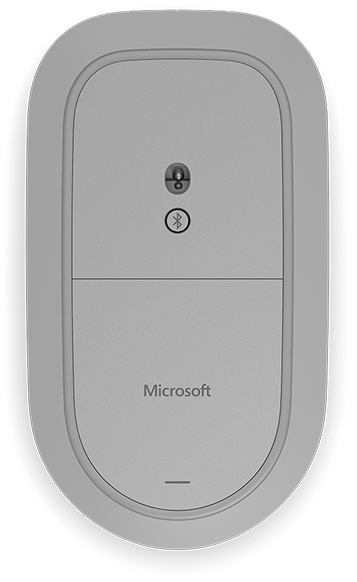 Top view of a grey Microsoft mouse. Includes Bluetooth and battery indicators, and a scroll area.