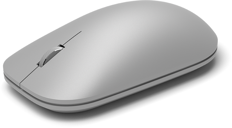 A silver computer mouse with a scroll wheel, set against a black background.