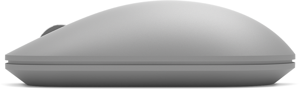 A grey computer mouse, side view. It is smooth and has a scroll wheel on top.
