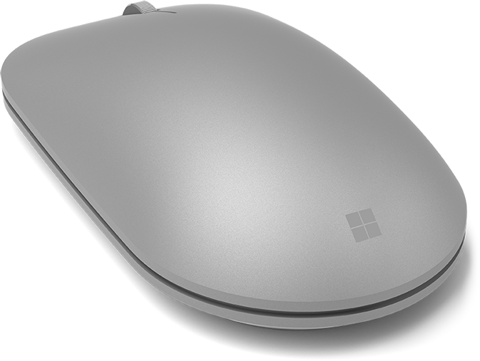 Silver Microsoft mouse. Sleek, oval shape, with a small scroll wheel. Microsoft logo.