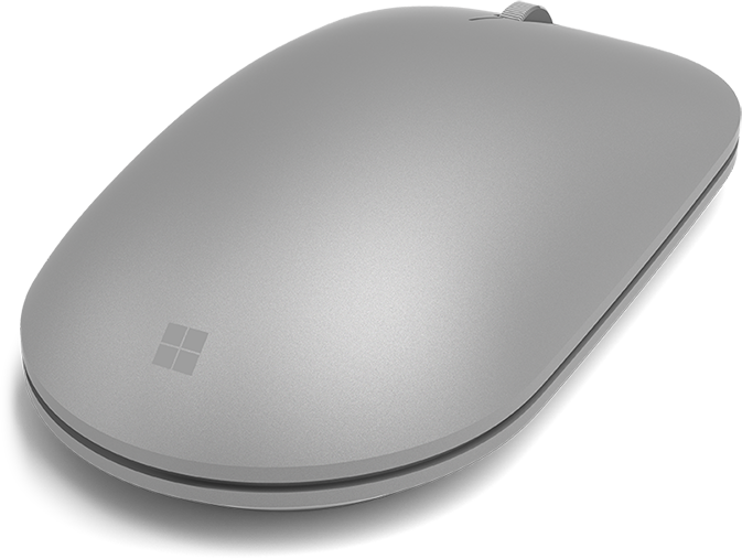 A silver computer mouse with the Microsoft logo. The mouse has a smooth, curved design.