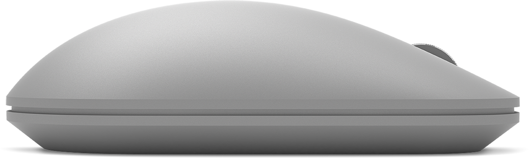 A grey computer mouse viewed from the side. It has a smooth, rounded design.