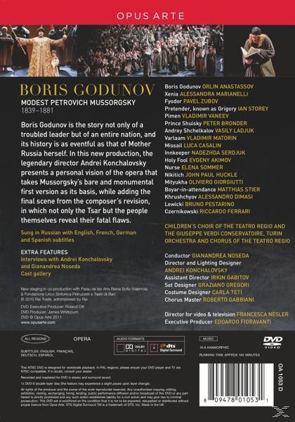 DVD-Cover für die Oper Boris Godunov. Text und Bild der Aufführung, mit Besetzung und Credits.