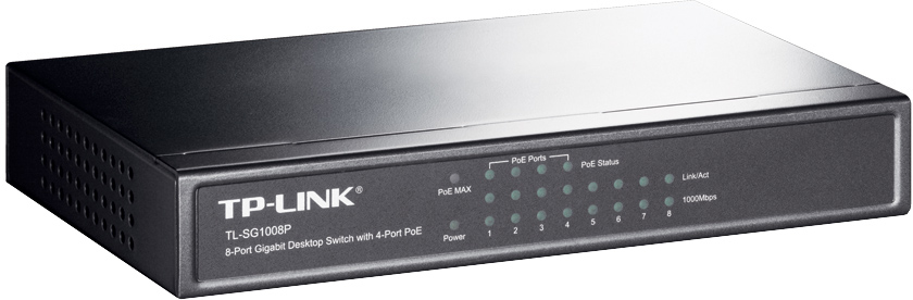 A black network switch with multiple ports and lights.