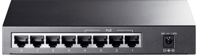 Black network switch with eight ports, labeled 1-8. Has PoE and power input.