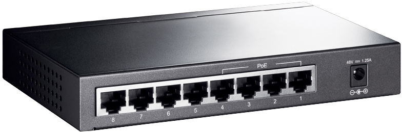 Black network switch with 8 ports, and a power input. The switch has the PoE label. 