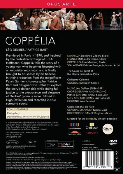 Rückseite einer Coppélia-DVD, schwarzer Hintergrund mit Titel, Credits und Informationen.