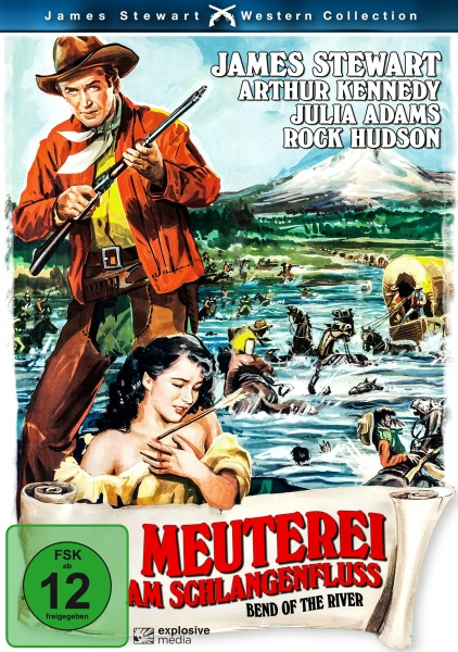 Filmplakat für 'Meuterei am Schlangenfluss'. James Stewart mit Gewehr, Frau und Flussszene.