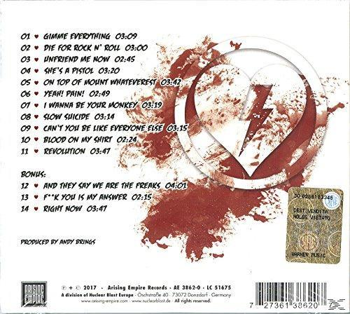 Album-Rückseite mit Titelliste, einem Herz mit Blitz und Blutspritzern.