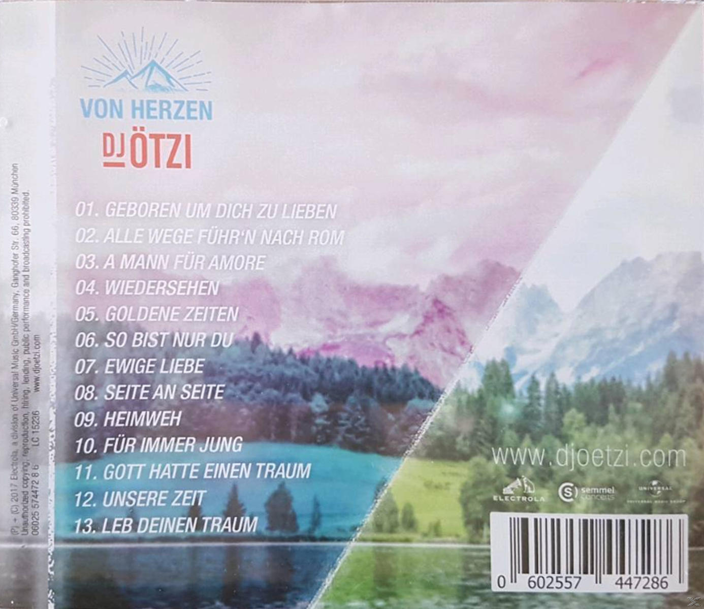CD-Cover mit Text 'VON HERZEN DJ ÖTZI' und Titelliste. Hintergrund: Berg und Himmel.