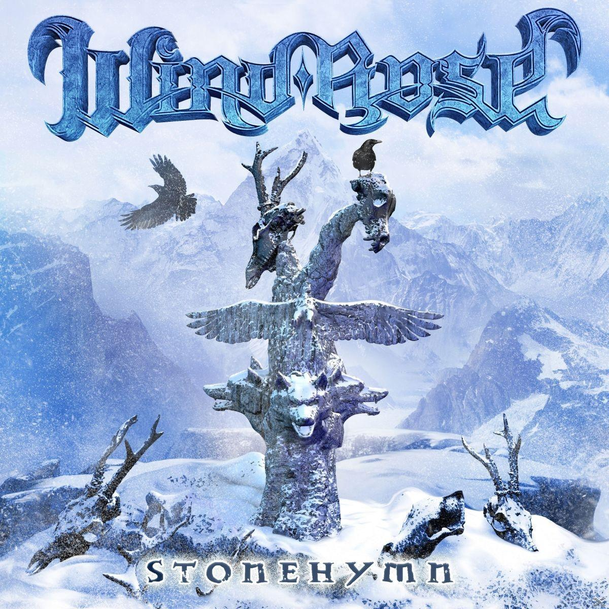 Albumcover. Schneebedeckte Berglandschaft mit Totempfahl, Raben und Bandnamen: Wind Rose, Stonehymn.