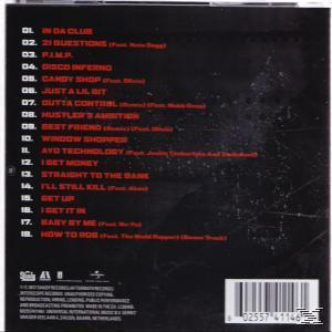 Achterkant van een cd met tracklist, inclusief titels als 'In Da Club', '21 Questions' en 'Disco Inferno'.